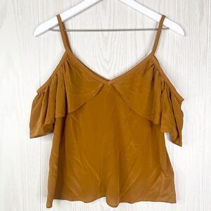 Madewell Women's Mustard Silk Ruffle Spaghetti Strap Cold Shoulder Blouse Small